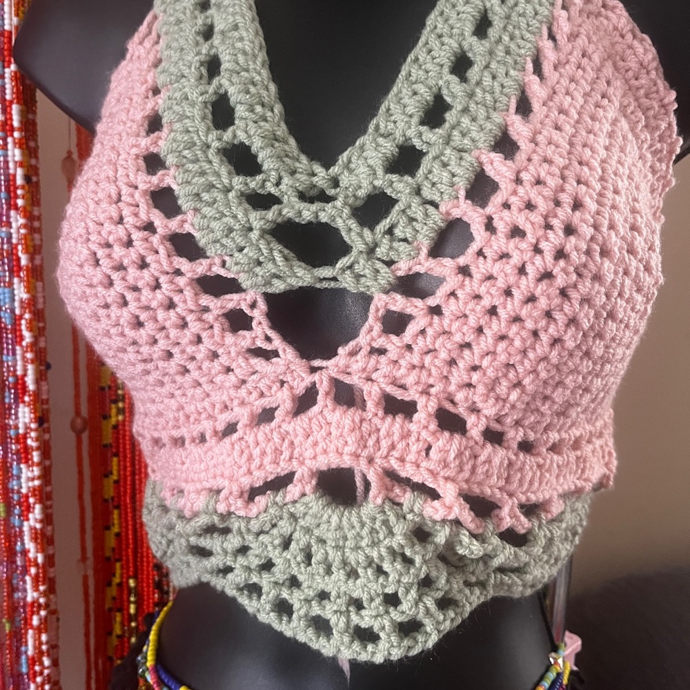 Pink and Green Crochet Halter Top